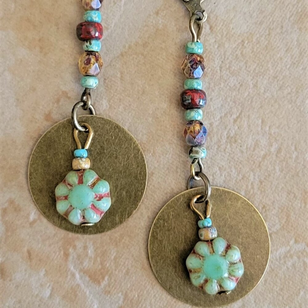 Czech CACTUS FLOWER Fire polish Picasso Bead Earrings Bronze Brass Lever Back